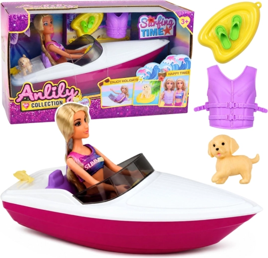 Muñeca Anlily con lancha motora y cachorrito – set con accesorios