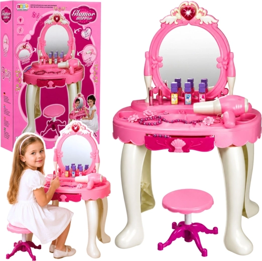 Tocador infantil con espejo, luces y sonidos, con taburete y secador (rosa)