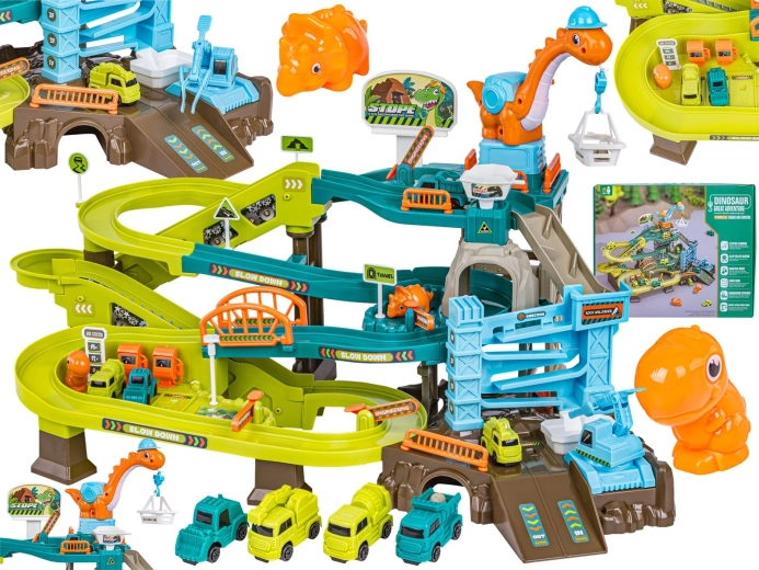 Garaje de aparcamiento infantil y pista con cochecitos y canicas dinosaurio