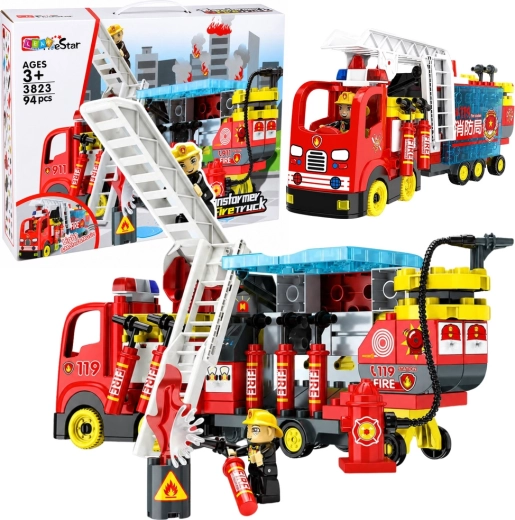 LEAVStar camión de bomberos desmontable de construcción con luces y sonidos (94 piezas)