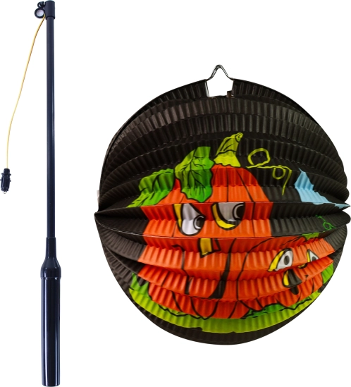 Farolillo de papel de Halloween calabaza 25 cm con varita luminosa 50 cm