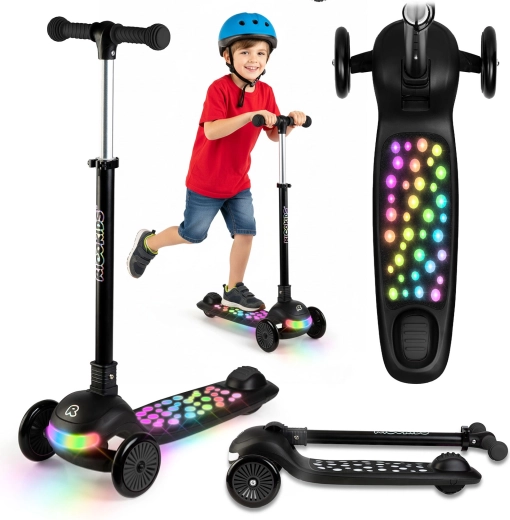 Patinete infantil de 3 ruedas con dirección por equilibrio y retroiluminación LED Ricokids Glowi – negro