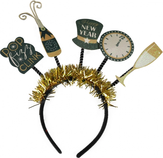 Diadema festiva de Año Nuevo con decoraciones en negro y dorado