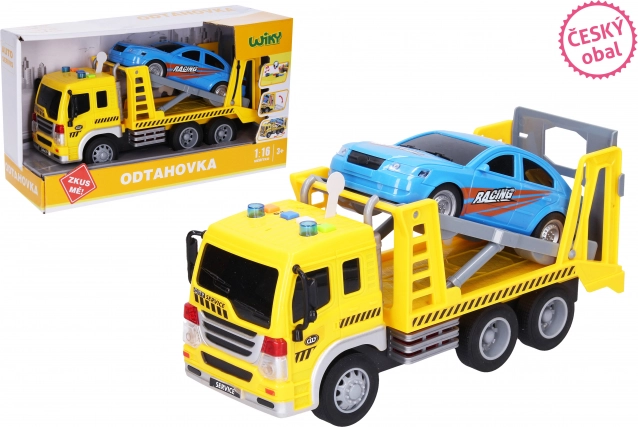 Camión tractor con coche con efectos de luz y sonido, embalaje en checo