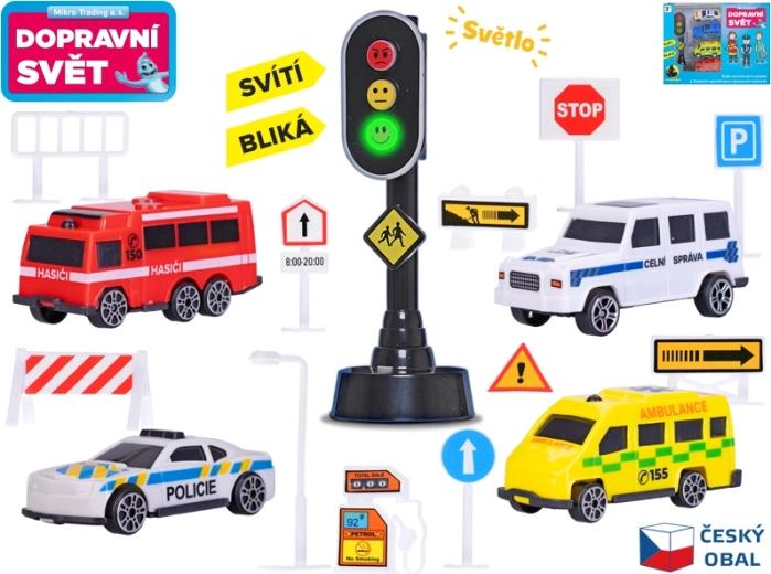 Set de coches con señales de tráfico y semáforo con luz, 4 uds.