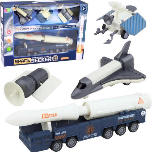 Set espacial: cohete, transbordador espacial, satélite y vehículo de transporte