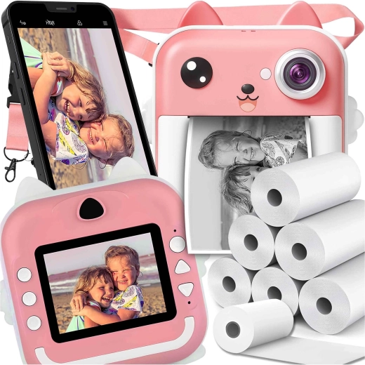 Cámara instantánea infantil Renew Force con impresión térmica, rosa, con 6 rollos de papel
