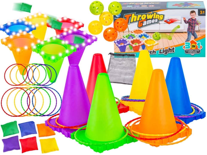 Juego de habilidad 3 en 1: lanzamiento a diana con conos LED, pelotas, saquitos y aros