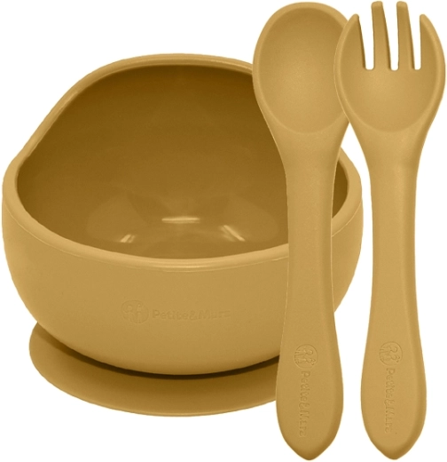 Set de alimentación de silicona Petite&Mars Take&match: cuenco con ventosa y cubiertos Intense Ochre 6m+