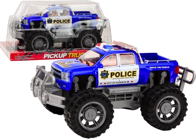 Pickup todoterreno policial azul – juguete con mecanismo de arrastre