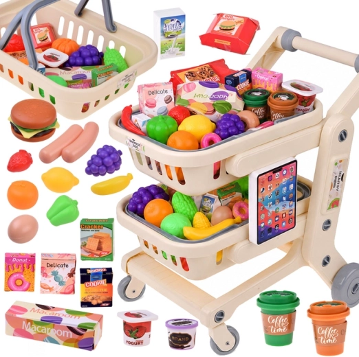 Carrito de la compra infantil 2 en 1 con alimentos y tableta interactiva
