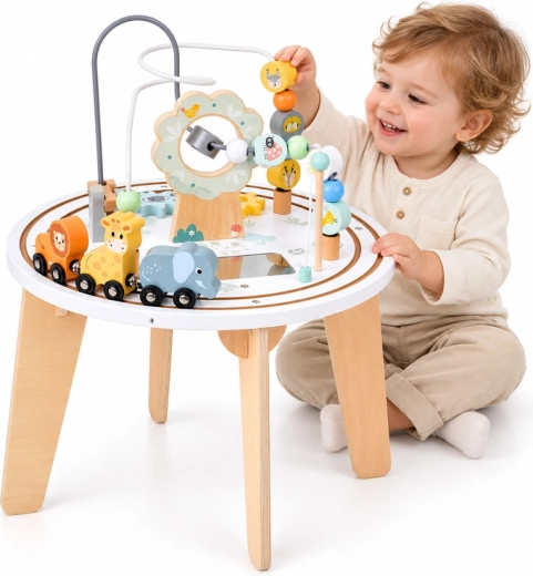 Mesa sensorial educativa de madera con laberinto y trenecito con animales