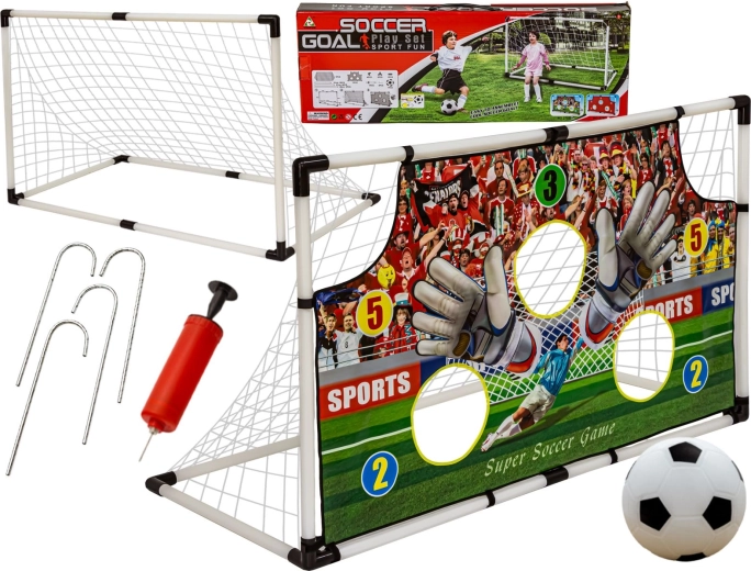 Portería de fútbol con red, balón e inflador