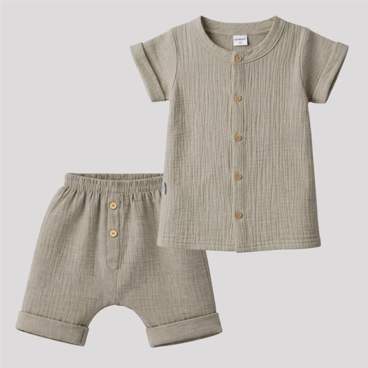 Camisa y pantalón corto infantil de muselina NEW BABY, beige, 12–18 meses