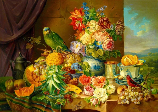 Puzzle Naturaleza muerta con flores, fruta y un loro de 1000 piezas