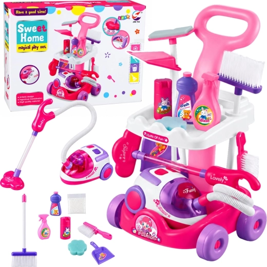 Gran carrito de limpieza infantil con muchos accesorios y recipientes medidores
