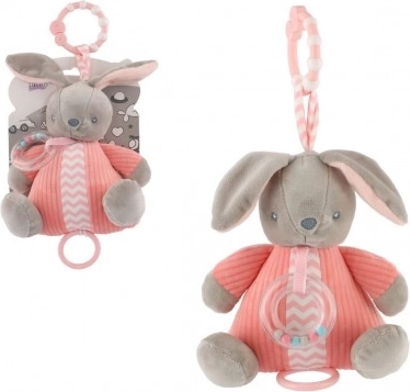 Conejito de peluche con tirador musical y sonajero, rosa (18 × 20 cm)