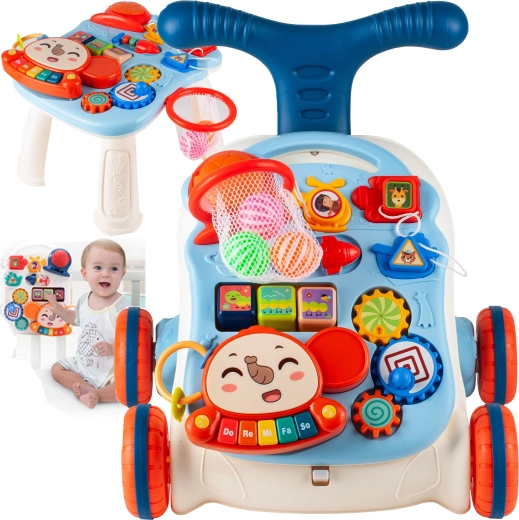 Andador de empuje 5 en 1 con mesa y piano – azul