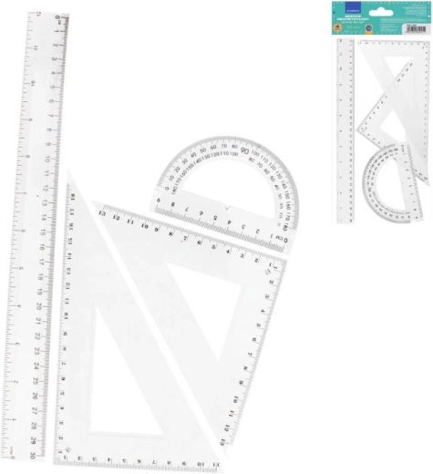 Juego de geometría de 4 piezas (regla 30 cm, 2× escuadra, transportador)