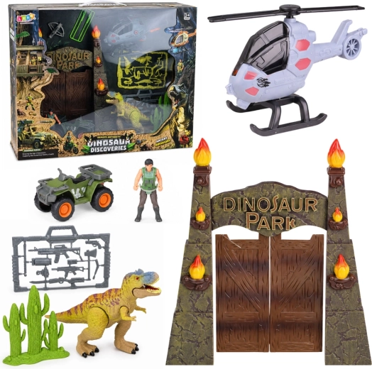 Base del parque Dino con puerta, helicóptero, quad y figuras