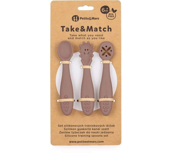 Cucharitas de entrenamiento de silicona PETITE&MARS Take&Match Velvet Latte, set de 3 uds, 6m+