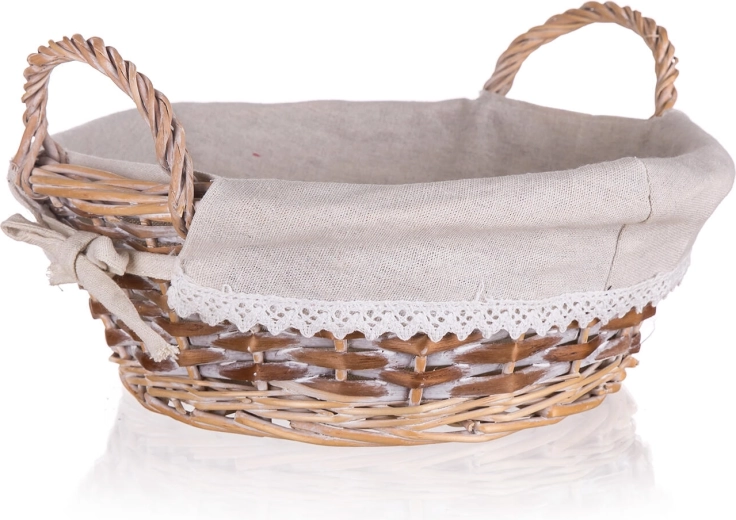 Cesta redonda de mimbre Duo con asas 30 × 11 cm, marrón y blanco, ribete de encaje