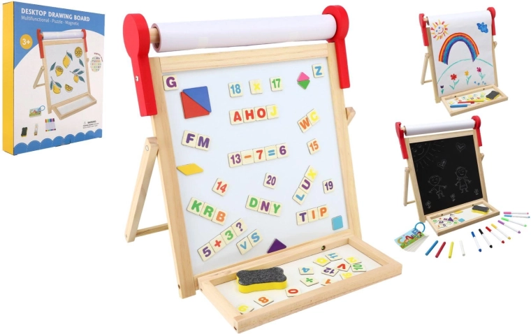 Pizarra infantil magnética de madera de doble cara 33 × 33 cm con rollo de papel y accesorios