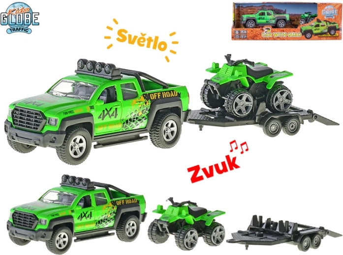 Kids Globe Traffic coche con remolque y quad, modelo metálico de 13 cm con luces y sonidos