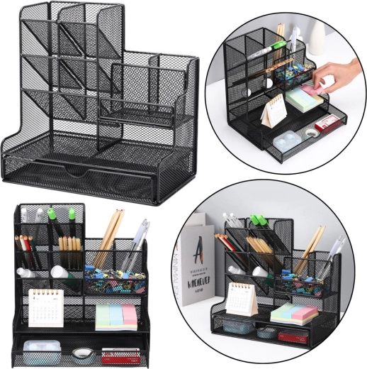 Organizador de escritorio metálico para material de oficina – negro