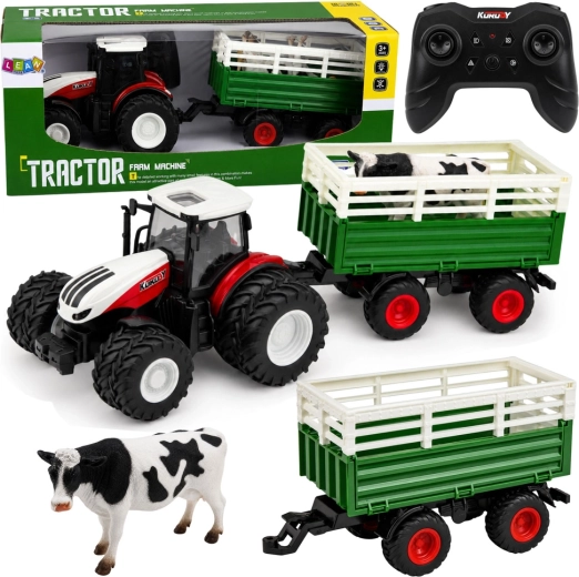 Tractor agrícola RC con remolque y figura de vaca 1:24