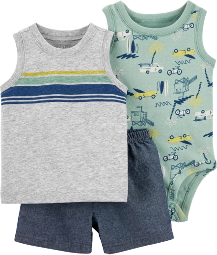 CARTER'S set de 3 piezas: body sin mangas, camiseta y shorts Grey Cars para niño – 9m