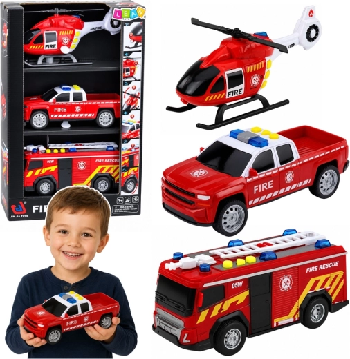 Set de 3 vehículos de bomberos Fire rescue 1:32 con luces y sonidos