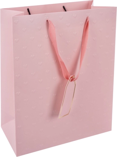 Bolsa de papel de regalo rosa con corazones en relieve 26 × 12 × 32 cm