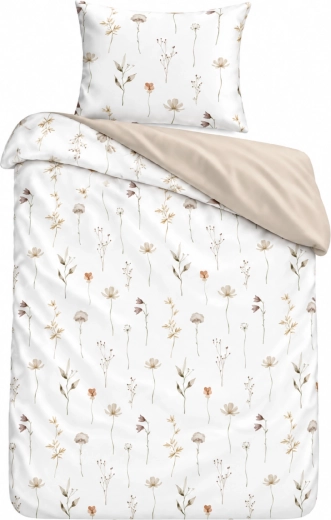 Ropa de cama de algodón Flores del prado blanca y beige 140 × 200 cm