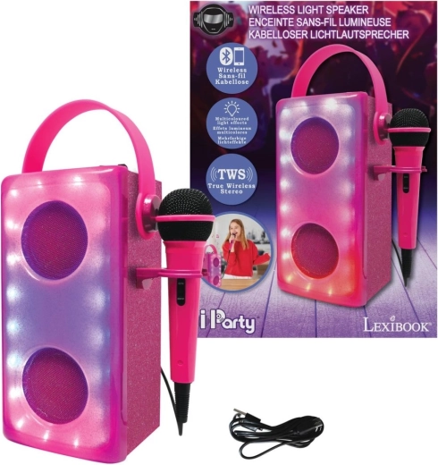 Altavoz karaoke Bluetooth rosa con micrófono LEXIBOOK iParty con efectos de luz