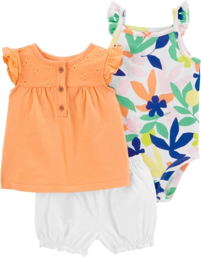 Set de 3 piezas Carter's para niña Orange Flower (body, camiseta y pantalones cortos) 9 m