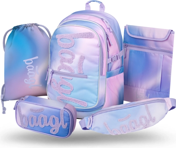 Set Baagl Core Sky 5 en 1: mochila escolar, estuche, bolsa para educación física, riñonera y funda para portátil