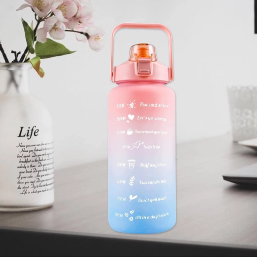 Botella de agua motivacional de 2 l con pajita y asa con marcas de tiempo