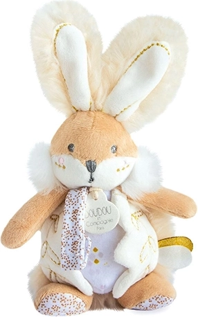 Conejito de peluche Doudou con sonajero y soporte para chupete 21 cm, blanco