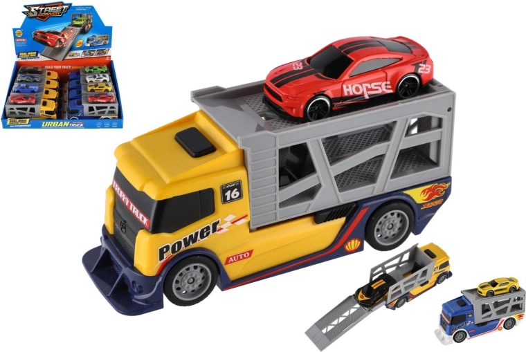Camión transportador de plástico con coche 15 cm, rueda libre, 2 colores