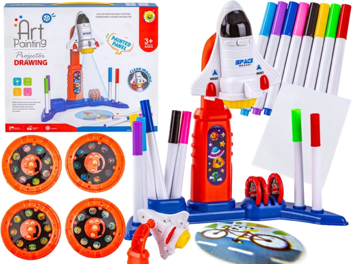 Proyector infantil para dibujar y colorear con forma de cohete con accesorios