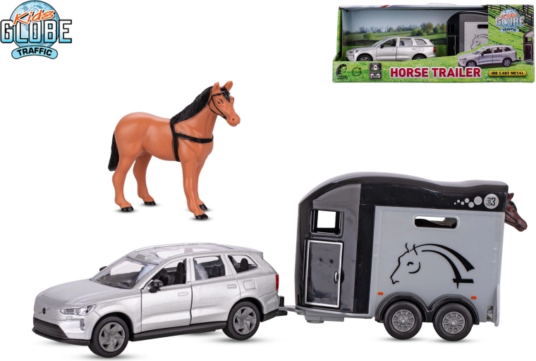 Kids Globe Traffic VOLVO EX90 con remolque para caballos, modelo metálico 28 cm