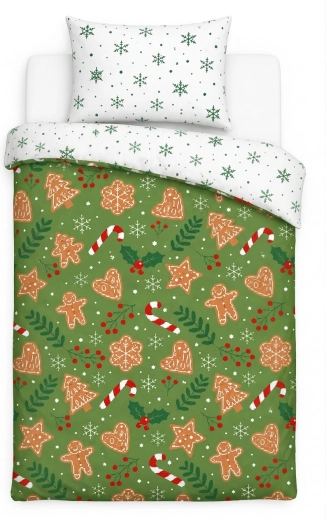 Ropa de cama navideña Holly Jolly con galletas de jengibre y copos de nieve verdes 140 × 200 cm