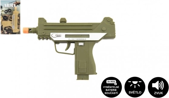 Pistola metralleta de plástico 17,5 cm a pilas con sonido y luz, 2 colores, en cartón