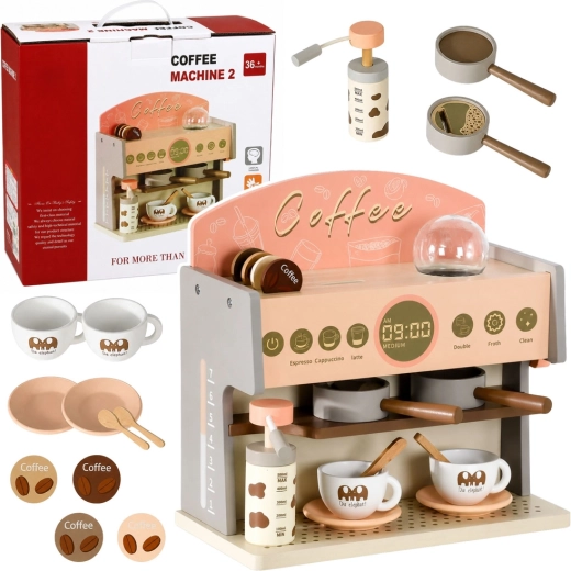 Cafetera infantil de madera – set de barista con accesorios rosa