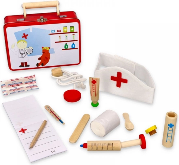 Maletín médico metálico para niños con instrumentos de madera