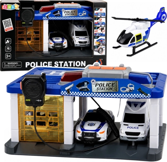 Estación de policía con garaje, coches, helicóptero y walkie-talkie