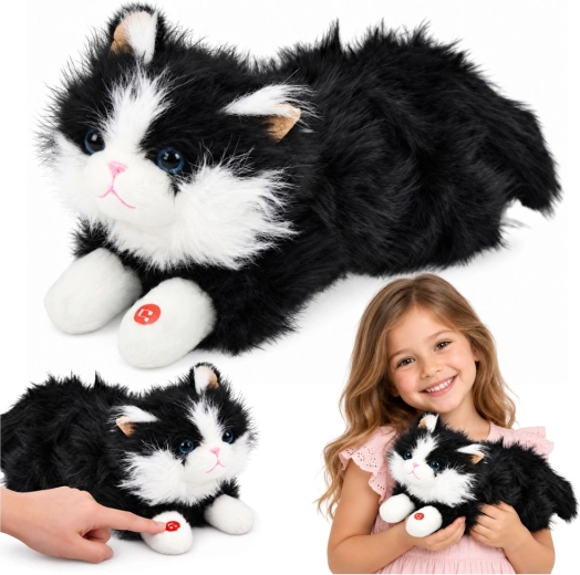 Gatito de peluche interactivo blanco y negro con sonidos de maullido, 40 cm