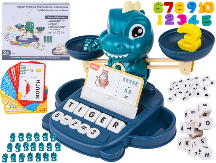 Balanza educativa de equilibrio con dinosaurios para aprender a contar e inglés