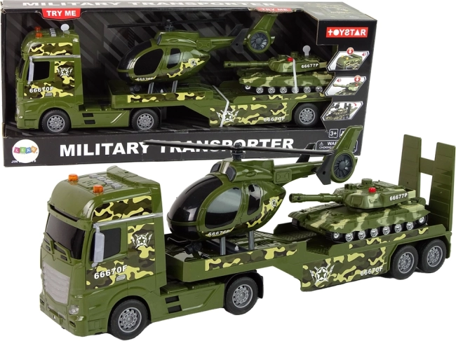 Set militar: camión con remolque, helicóptero y tanque con mecanismo de inercia